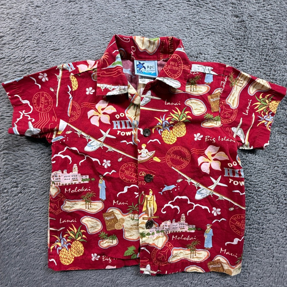 RJC Hawaiian Shirt Kids 2T Red Excellent Vintage Island Print Cotton Button Up